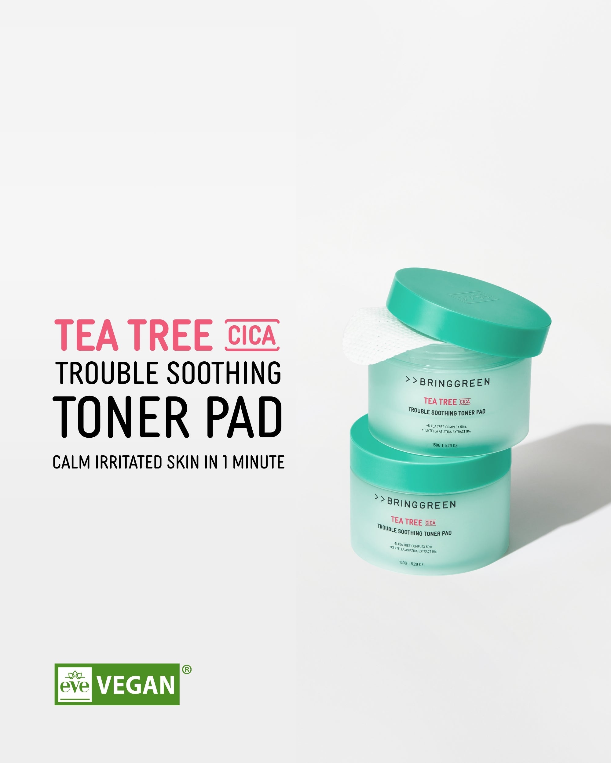 BRING GREEN Tea Tree Cica Trouble Soothing Toner Pads for Sensitive/Acne-Prone Skin (150g)