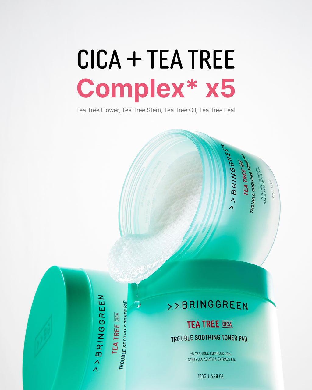 BRING GREEN Tea Tree Cica Trouble Soothing Toner Pads for Sensitive/Acne-Prone Skin (150g)