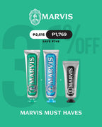 Marvis Classic Strong Mint Fluoride Toothpaste 85mL + Aquatic Mint 85mL + Amarelli Licourice 25mL