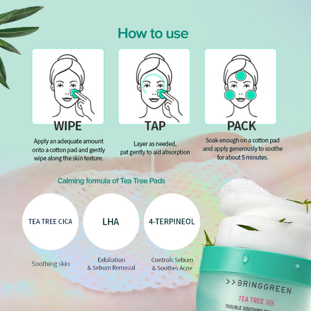 BRING GREEN Tea Tree Cica Trouble Soothing Toner Pads for Sensitive/Acne-Prone Skin (150g)