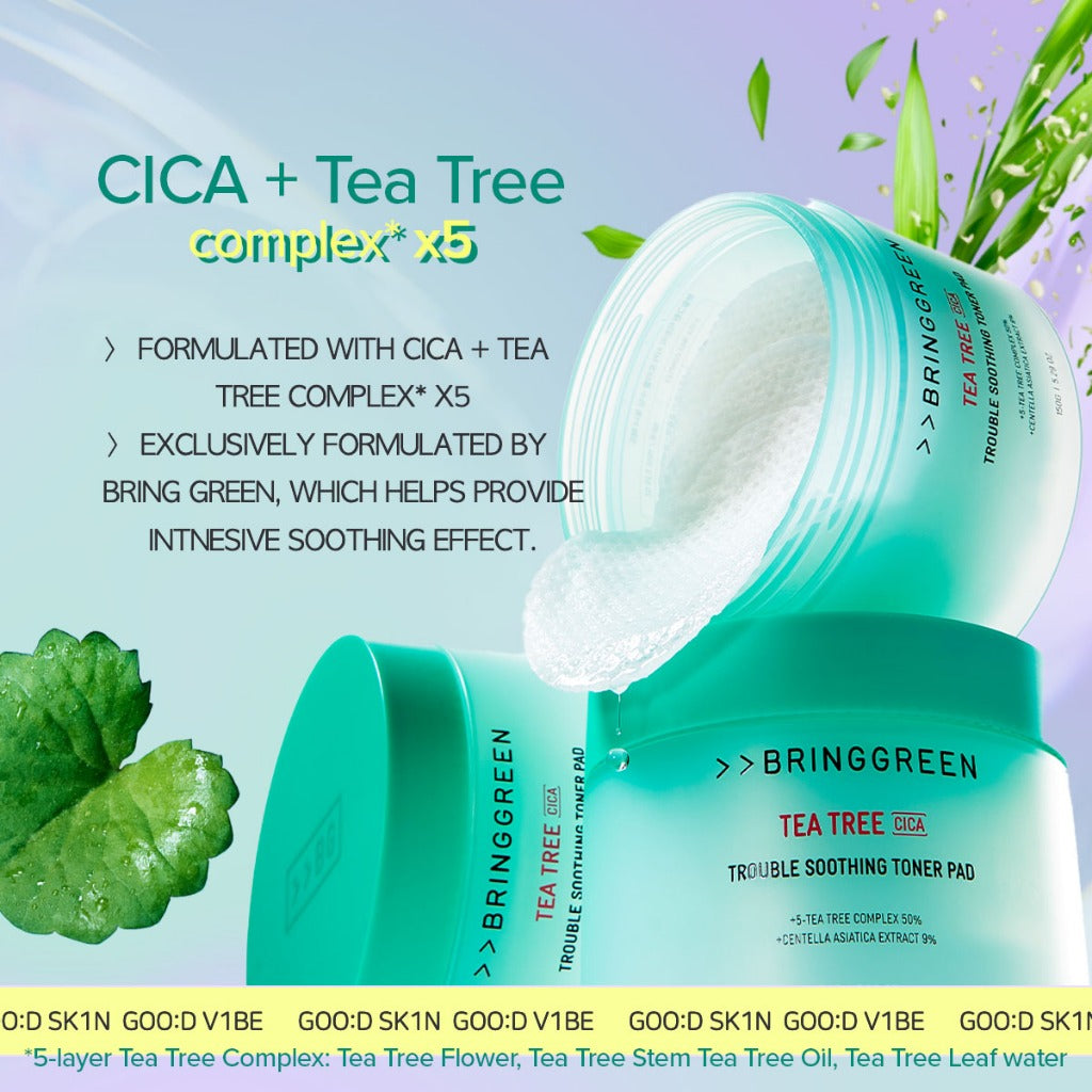 BRING GREEN Tea Tree Cica Trouble Soothing Toner Pads for Sensitive/Acne-Prone Skin (150g)